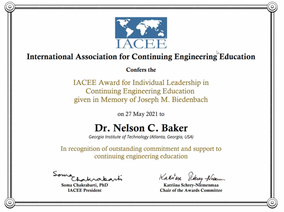 Nelson Baker's IACEE Award for Individual Leadership in CEE