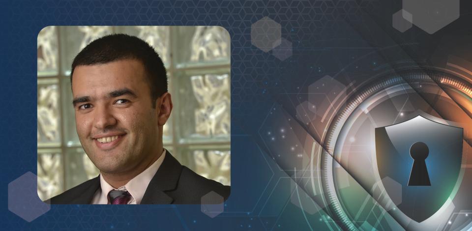 Saman Zonouz headshot on a security related graphic background featuring a lock