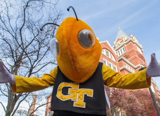 Georgia Tech's mascot, Buzz, in front of the Georgia Tech Tower